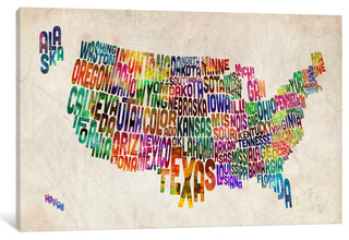 "Typographic Text USA (States) Map" by Michael Tompsett, 18x12x1.5"