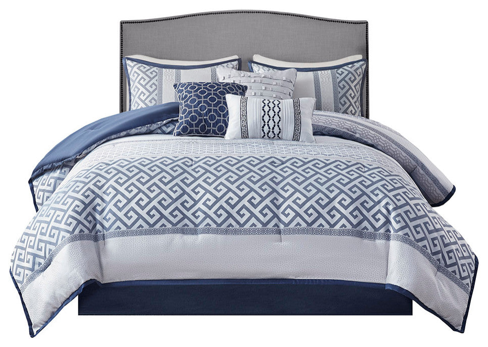 Madison Park Bennett Traditional Greek Keys 7-Piece Comforter Set, Navy Blue, Ki