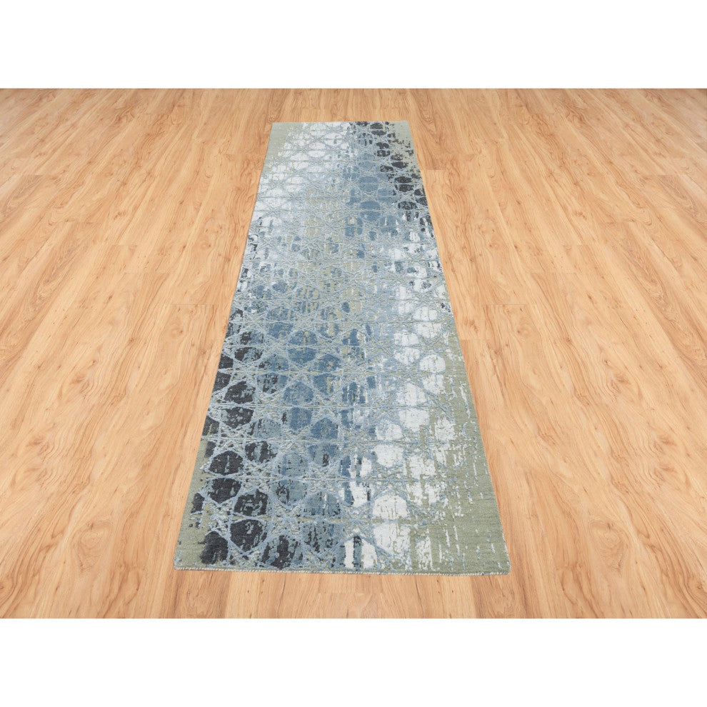 Gray, Wool and Silk THE HONEYCOMB Design, Hand Knotted Runner Rug, 2'6"x10'1"