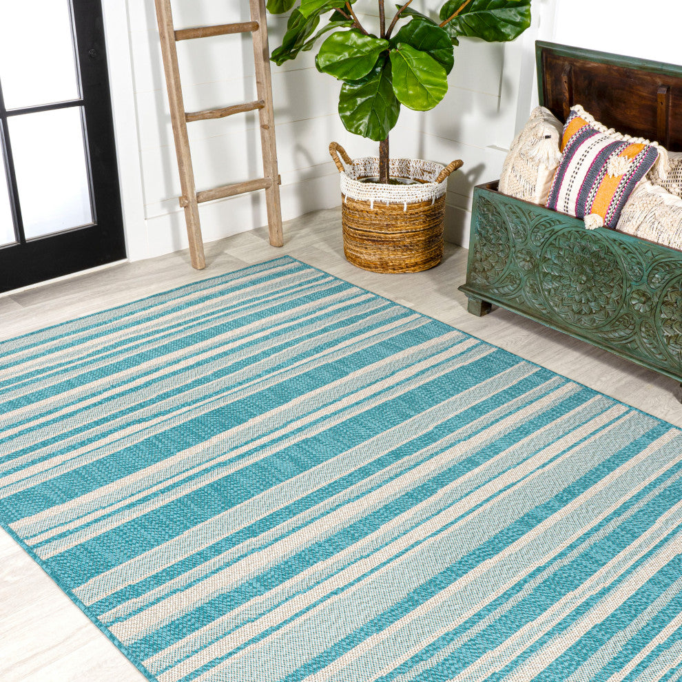 Castara Wavy Stripe Modern Indoor/Outdoor Area Rug, Aqua/Cream, 3x5