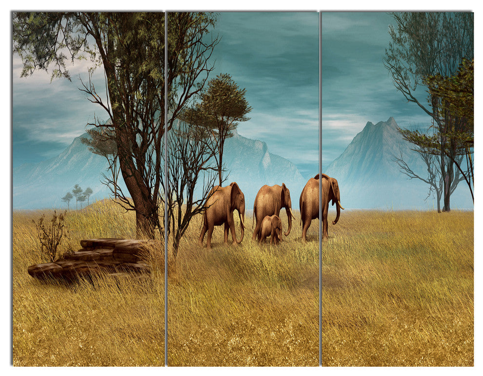 African Elephants Panorama, African Triptych Canvas Art Print, 36x28, 3 Panels