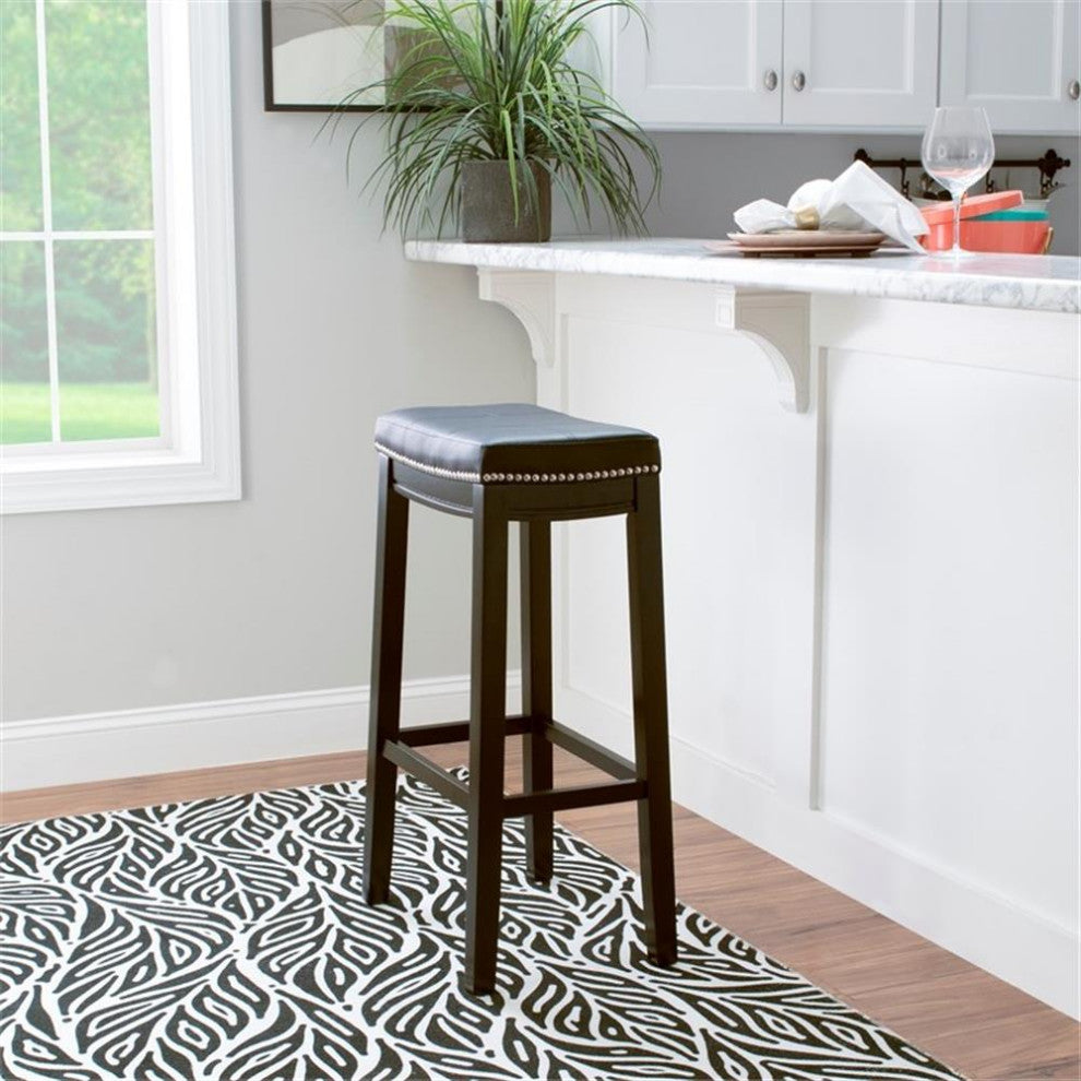 Linon Claridge Backless Bar Stool Black Faux Leather Wood Frame in Black Finish