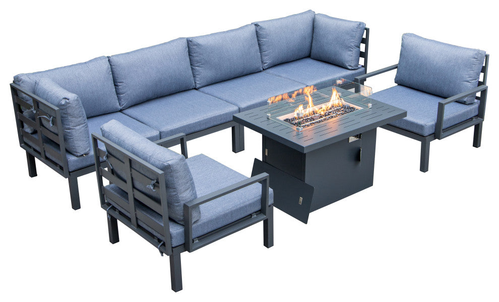 LeisureMod Hamilton 7-Piece Patio Sectional Set With Fire Pit Table, Blue
