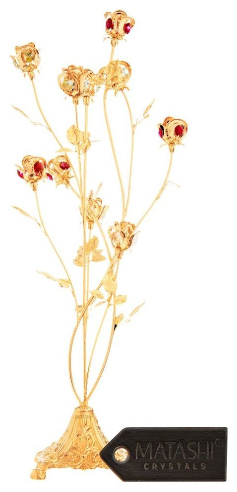 24K Gold Plated Crystal Studded 10-Piece Rose Bouquet Ornament, Red Crystals
