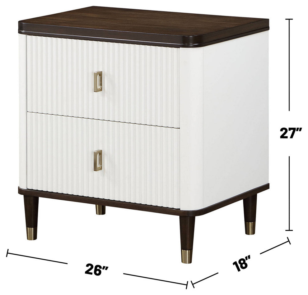 2-Drawers Wooden Nightstand With Metal Handle, White and Brown