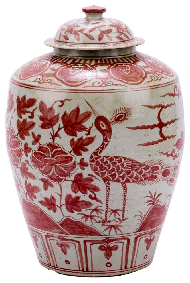 Coral Red Barn Jar Bird Motif Large
