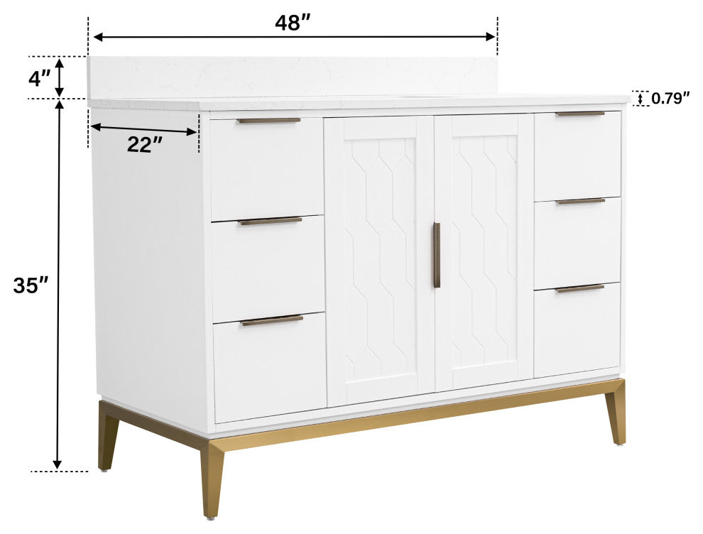 Alison Freestanding Bathroom Vanity with Italian Carrara White Marble Top, White, 48"