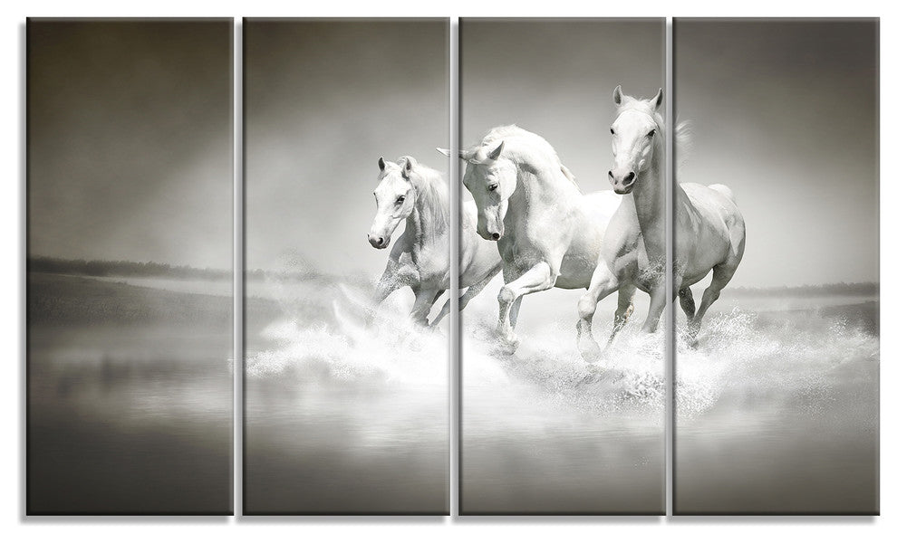 Horses Running Through Water, Oversized Animal Wall Art, 48"x28", 4 Panels