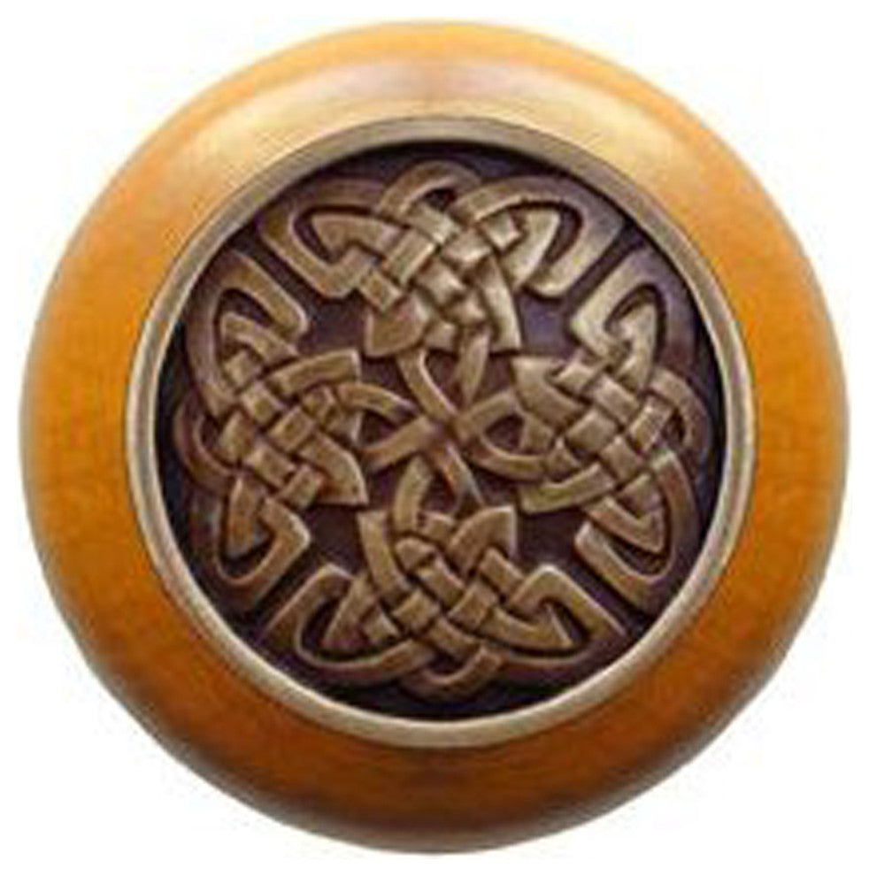 Celtic Isles Wood Knob, Antique Brass, Maple Wood Finish, Antique Brass