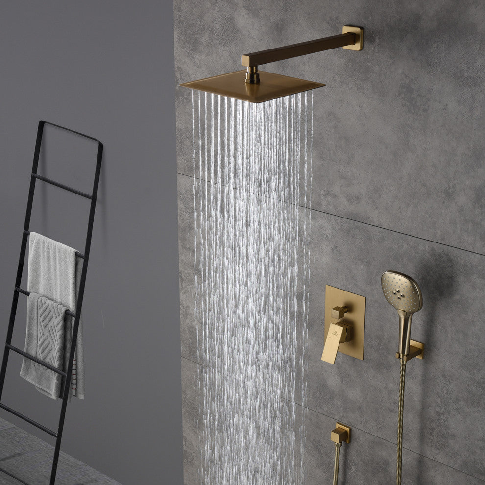 CASAINC 10" Wall Mounted 3 Spray Handheld Rainfall Luxury Shower System Set, Brushed Gold