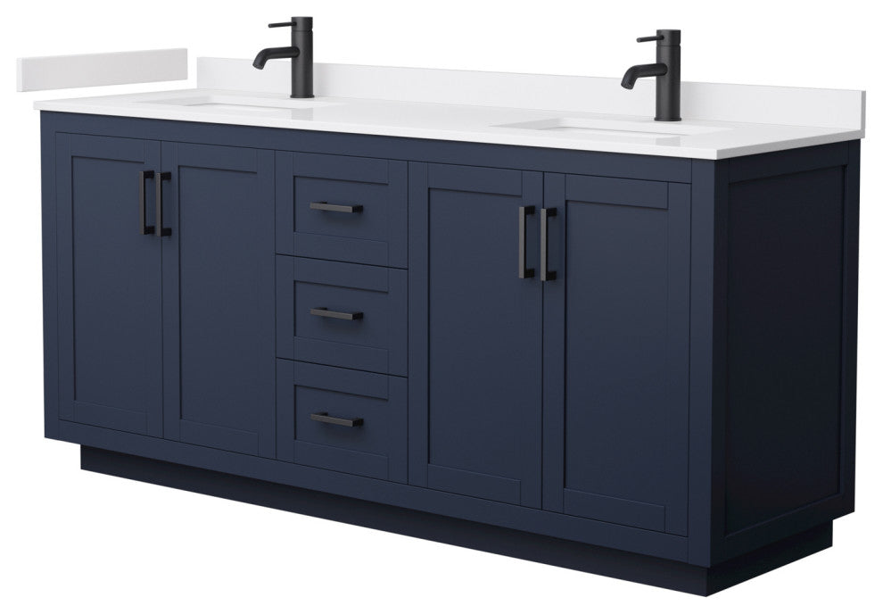 72"DBL Vanity Dark Blue, White Cult. Marble Countertop, Sinks, Black Trim
