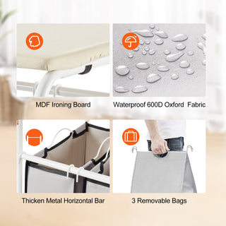 VEVOR 3-Section Laundry Sorter Cart Rolling With Ironing Board & Removable Bags