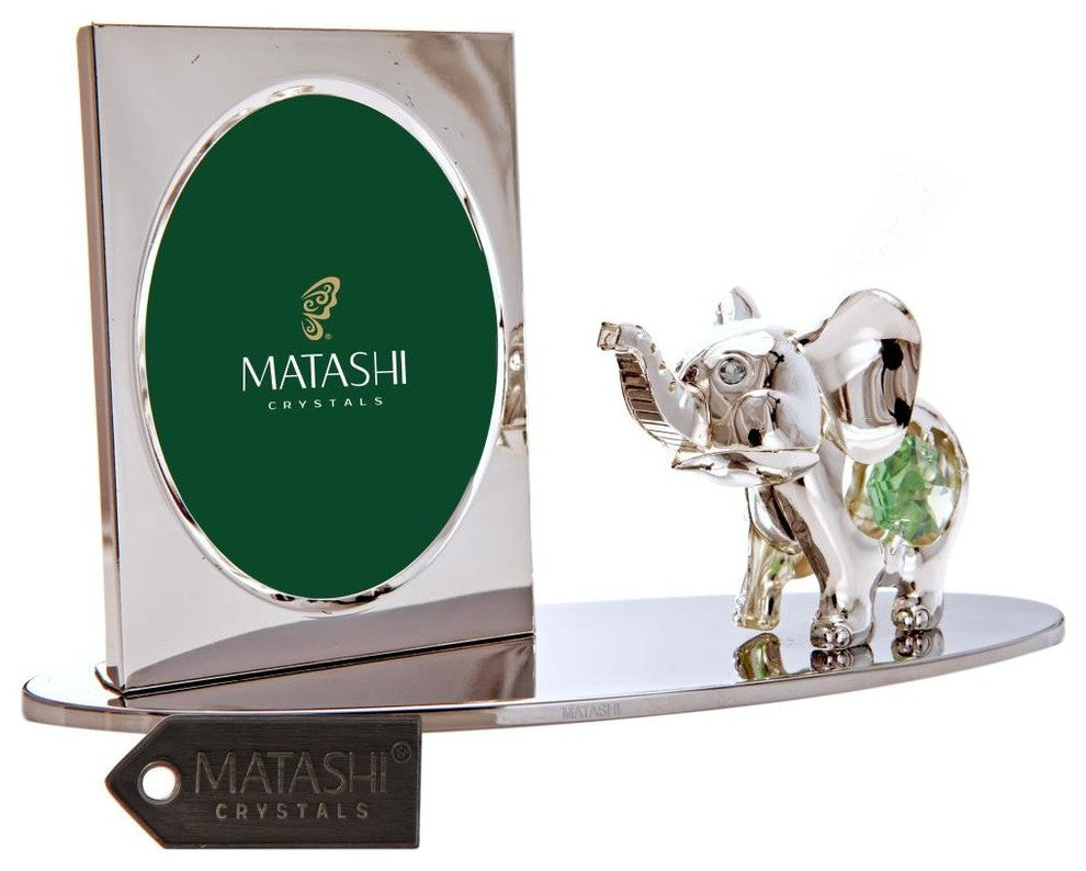 Silver Plated Picture Frame With Crystal Elephant Figurine On A Base