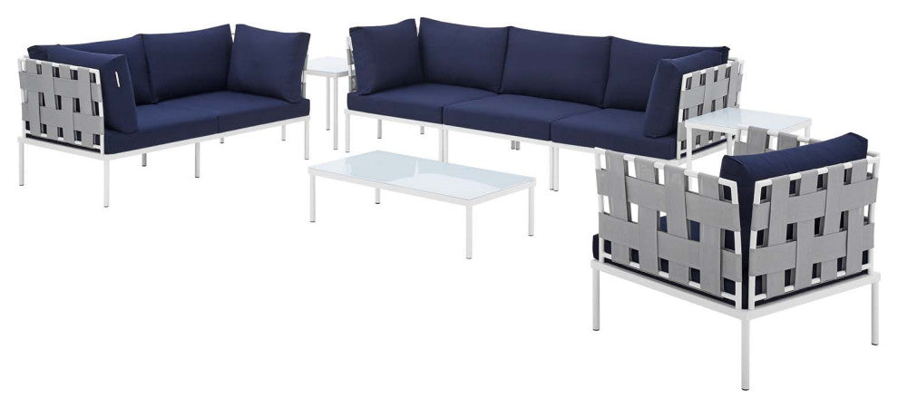 Sectional Sofa Chair Table Set, Sunbrella, Aluminum, Gray Blue Navy, Outdoor