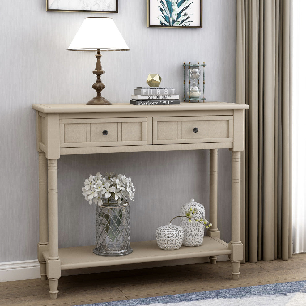 TATEUS Espresso Finish Solid Wood Console Table With Drawers, Antique Gray