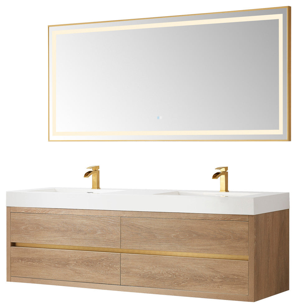 Palencia Floating Bath Vanity With Composite Stone Top, North American Oak, 72", With Mirror