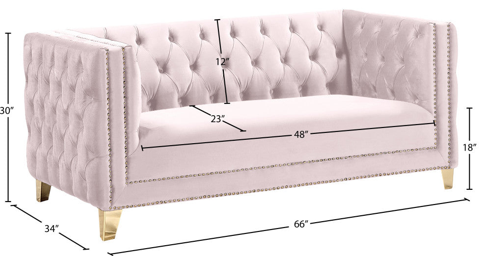 Michelle Fabric Upholstered Chair, Gold Iron Legs, Pink, Velvet, Loveseat