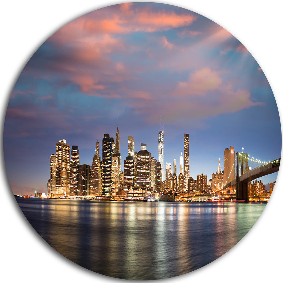 Manhattan At Nighttime, Cityscape Photography Round Wall Art, 11"