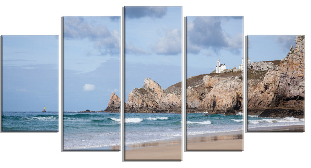 "Coastline With Lighthouse" Panorama Seashore Wall Art, 60"x32", 5-Panels
