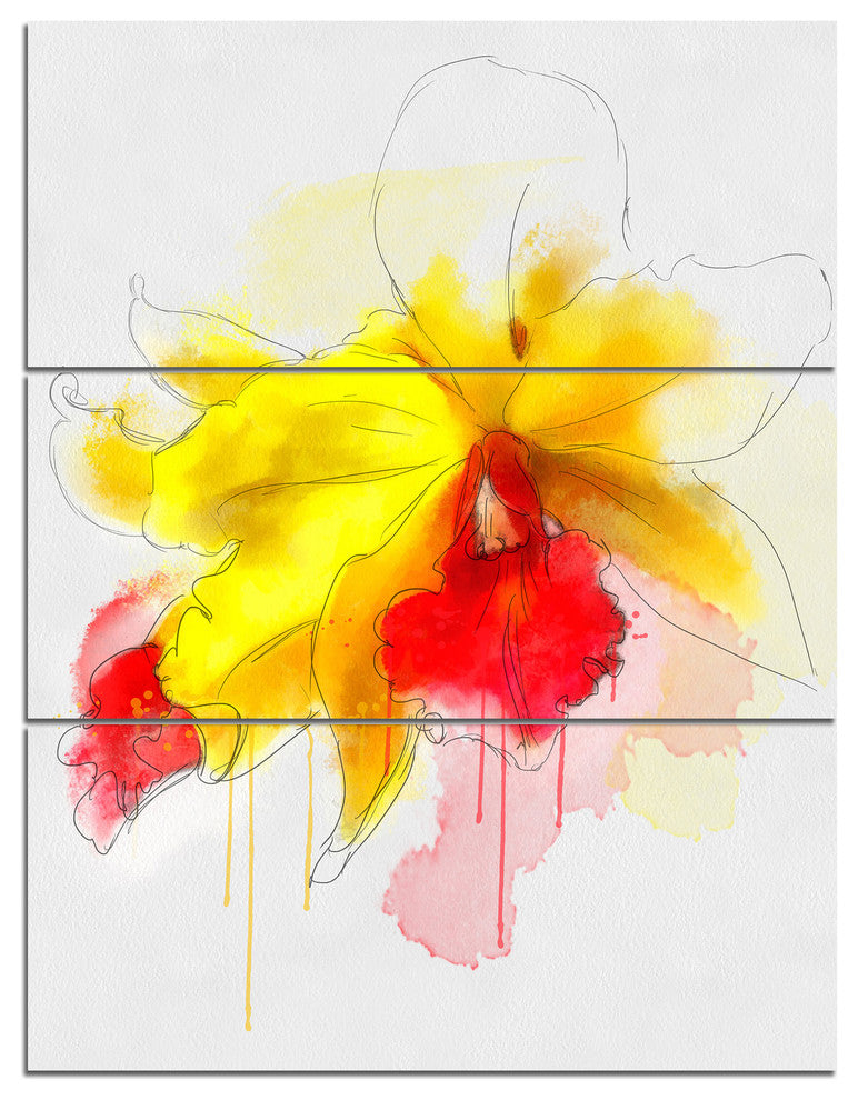 Yellow Iris Flower with Red Splashes, Floral Canvas Art Print, 28x36, 3 Panels