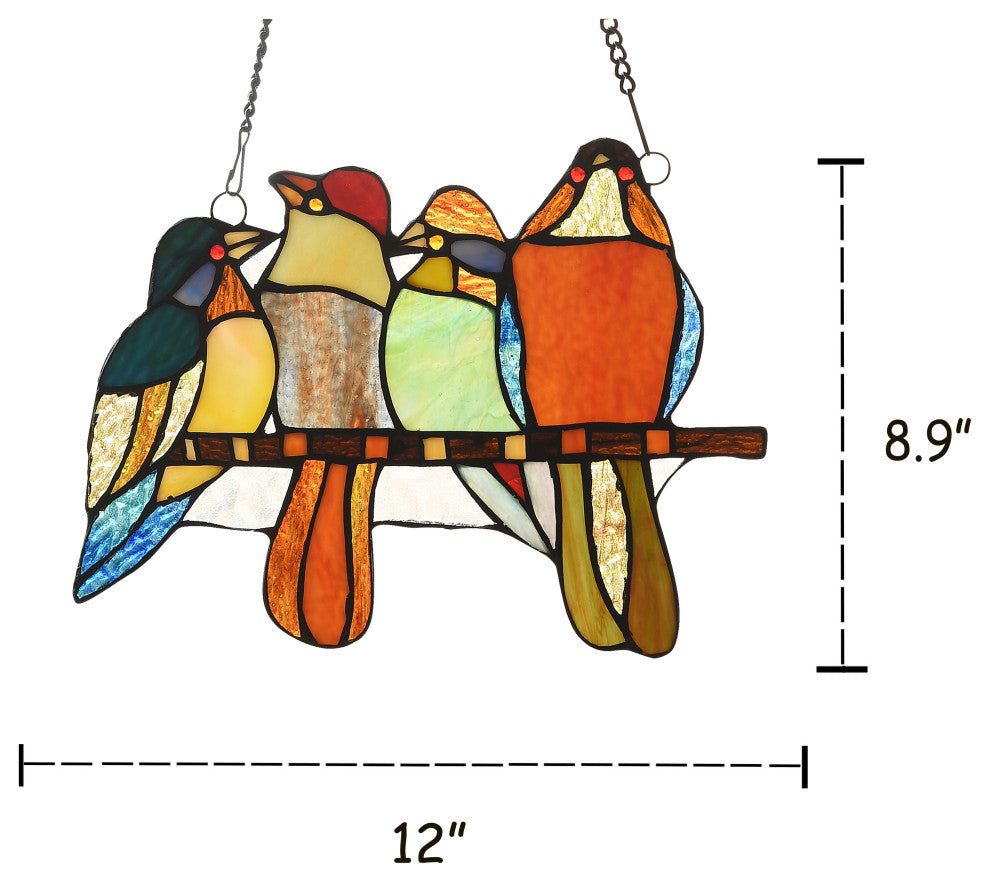 Chloe Lighting Perched Birds Tiffany-Style Animal Design Window Panel 12"x9"