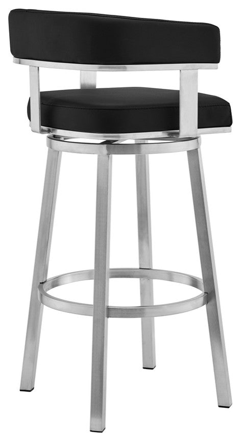 38" Black And Silver Faux Leather Swivel Low Back Bar Height Chair With Footrest