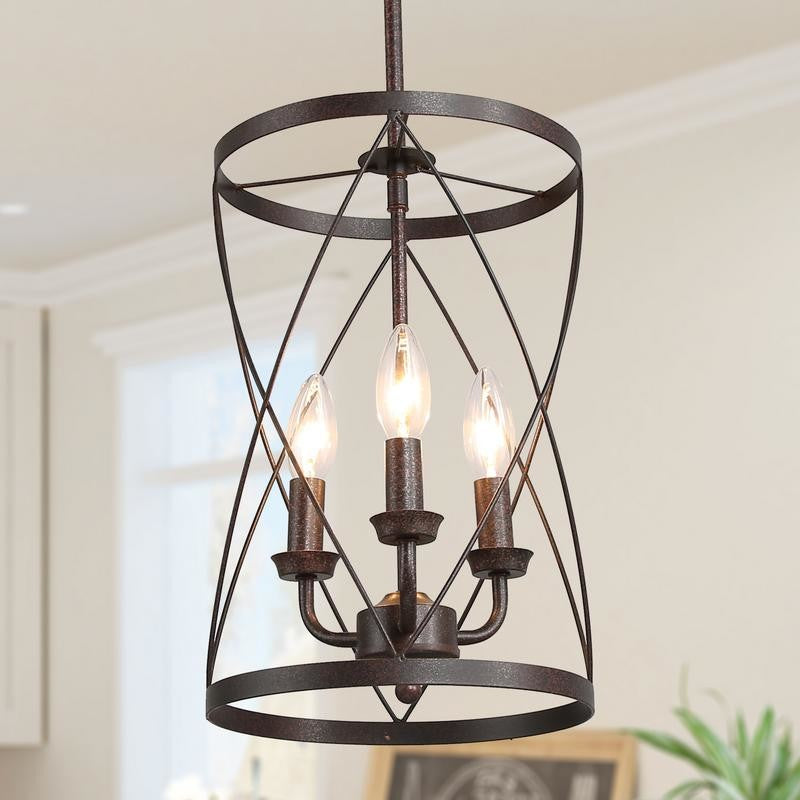 3-Light Farmhouse Chandelier, Metal Cage Foyer Pendant Light