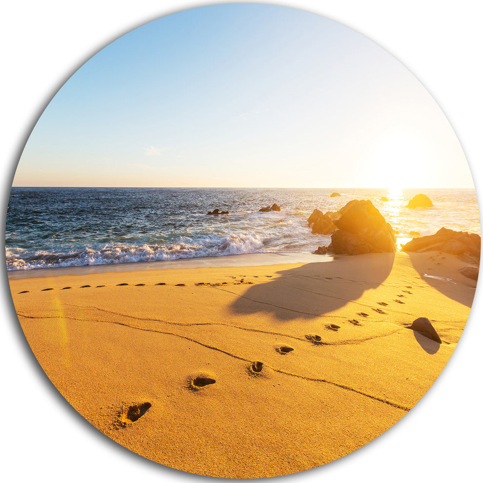 Footprints On Beach Sand, Modern Beach Disc Metal Artwork, 23"