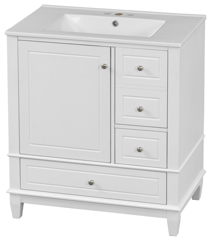 GDF Studio 30" Vanity With Ceramic Sink, Soft Close Door & Drawers, White