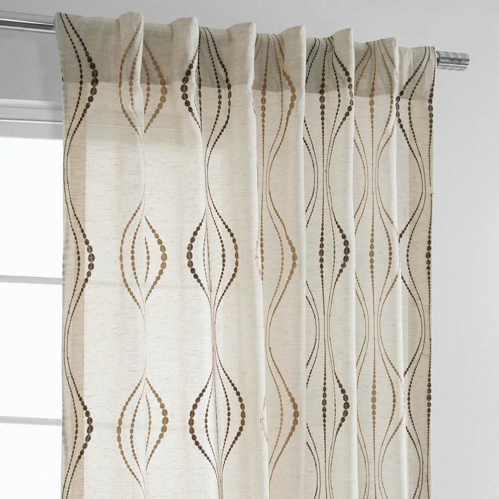 Suez Bronze Embroidered FauxLinen Sheer Curtain Single Panel, 50"x96"