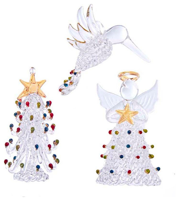 3" Spun Glass Angel, Tree and Bird Ornaments 3-Piece Set