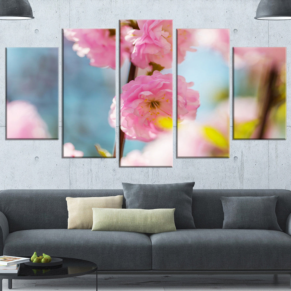 Almond Tree Pink Flowers, Large Flower Canvas Wall Art, 60"x32", 5 Panels