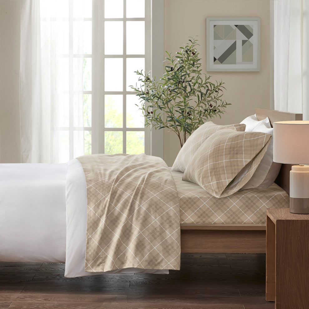 True North by Sleep Philosophy Cotton Flannel Winter Sheet Set, Plaid, Tan