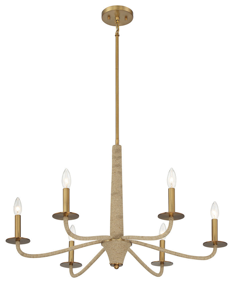 Cannon 6-Light Chandelier, Warm Brass and Rope
