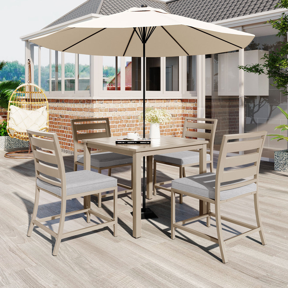5-Piece Outdoor Steel Patio Dining Set with table and four chairs, Brown Gray