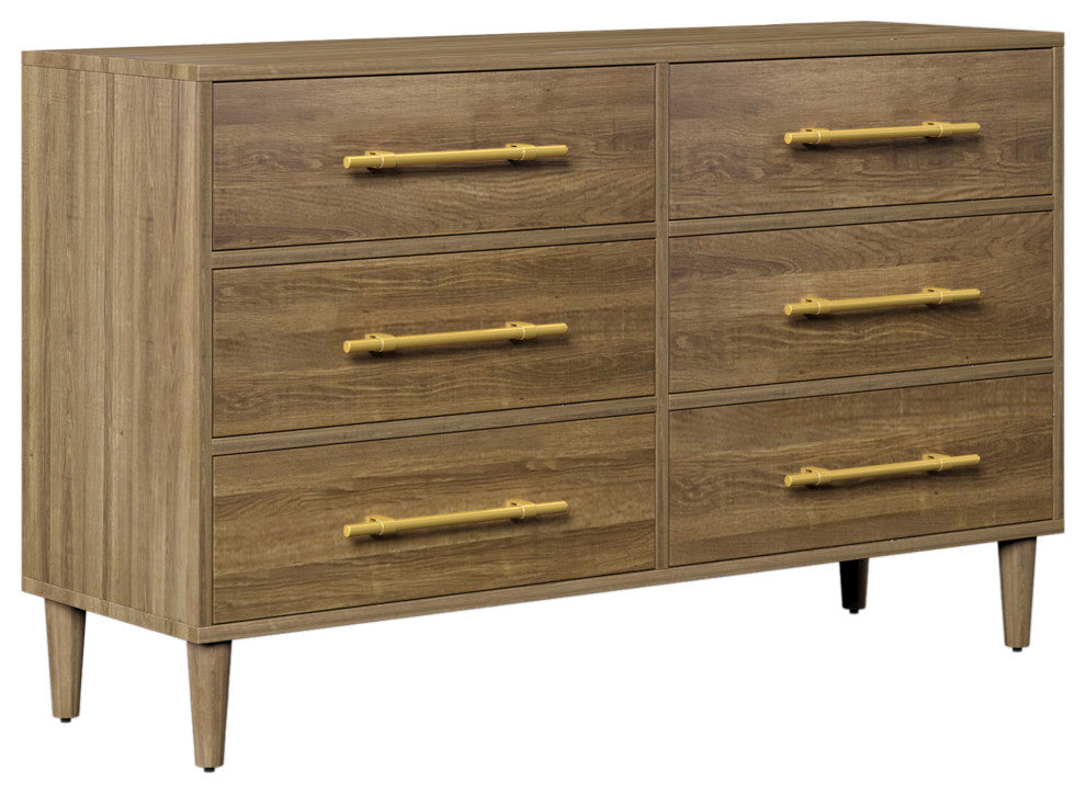 6 Drawers 56" W Wood Double Dresser, Natural Walnut