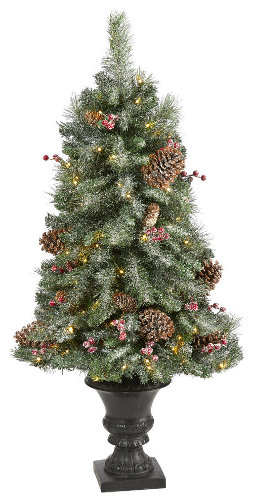 4' Frosted Pine, Pinecone & Berries Faux Xmas Tree W/100 Clear Lights, Urn