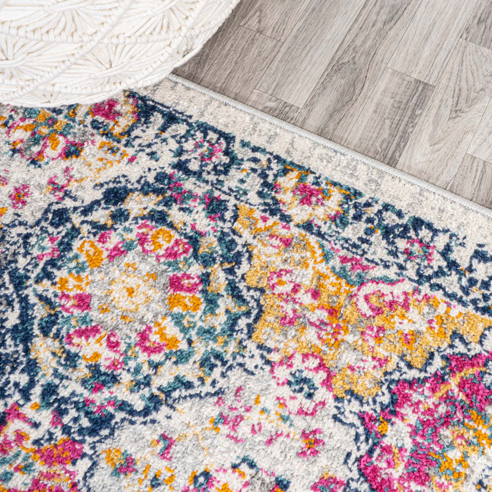 Modern Persian Boho Vintage Trellis Ivory/Navy/Multi 2'x8' Runner Rug