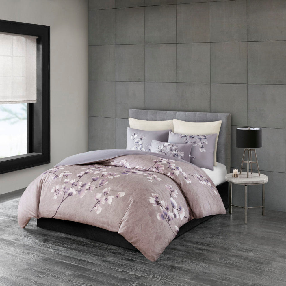 N Natori Sakura Blossom 3 Piece Cotton Sateen Printed Duvet Cover Set, Lilac