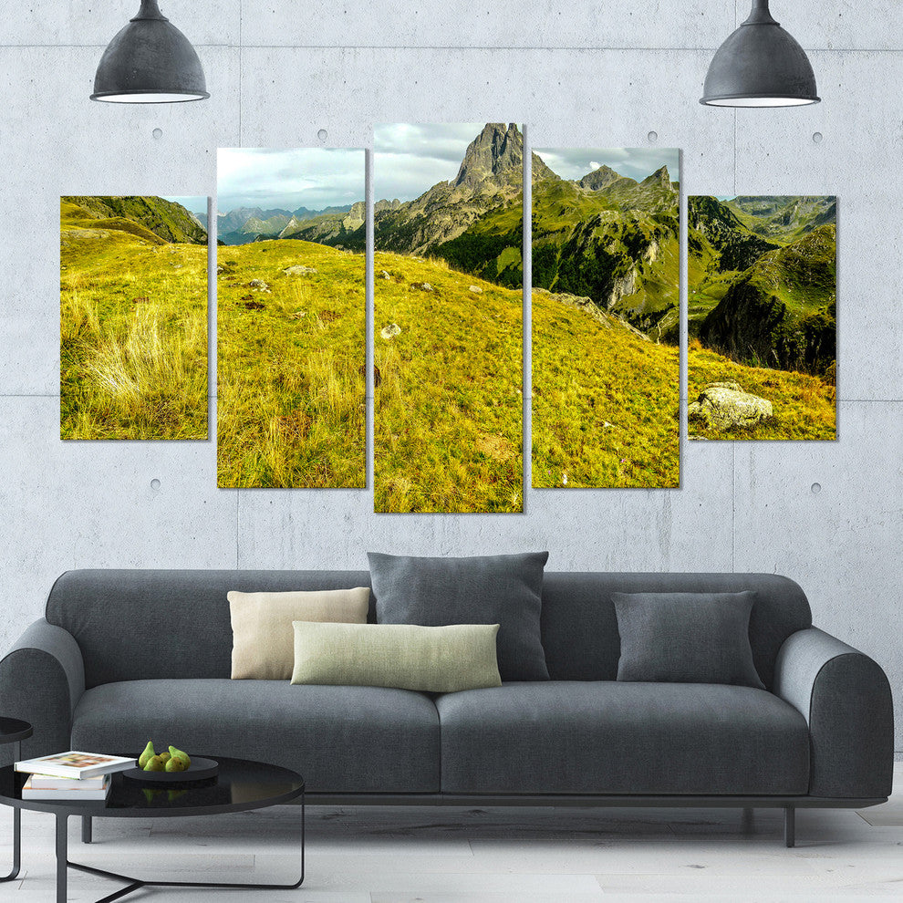 Bright Green Mountain Panorama, Landscape Canvas Art Print, 60"x32", 5 Panels