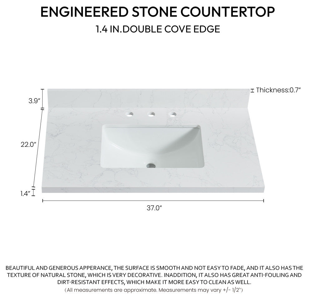 Jaen Composite Stone Vanity Top With Ceramic Sink, Grain White, 37"