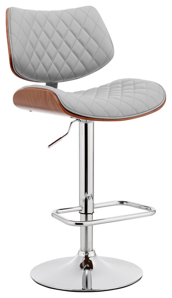 Leland Adjustable Faux Leather and Metal Bar Stool, Gray and Chrome