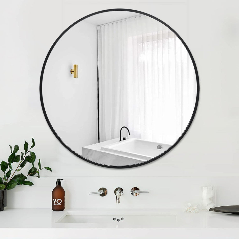 Round Aluminium Framed Wall Mounted Mirror in Black, Black, 24"