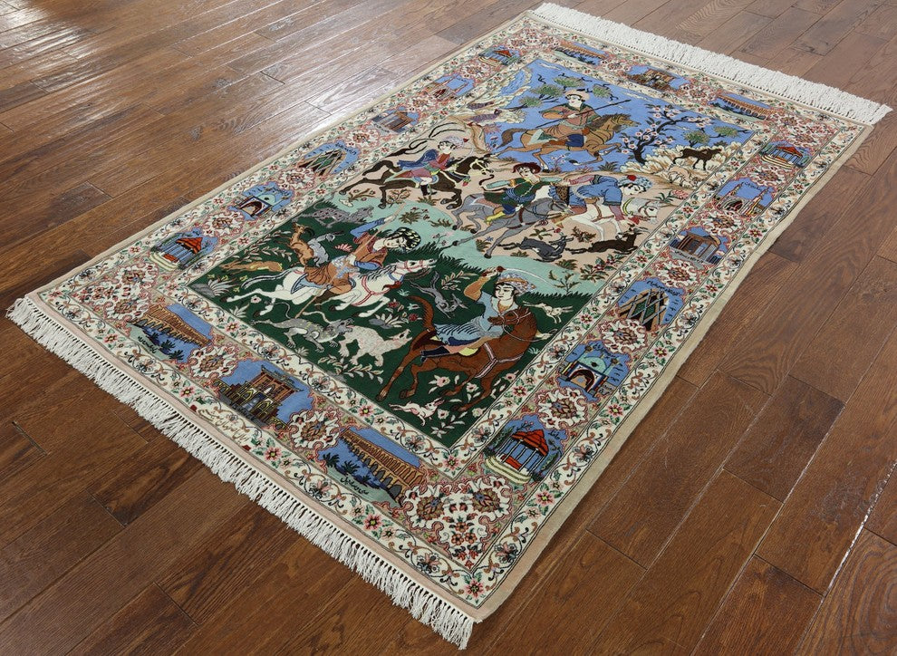 Signed Hand Knotted Authentic Persian Isfahan Hunting Scene Wool/Silk Rug, 4x7