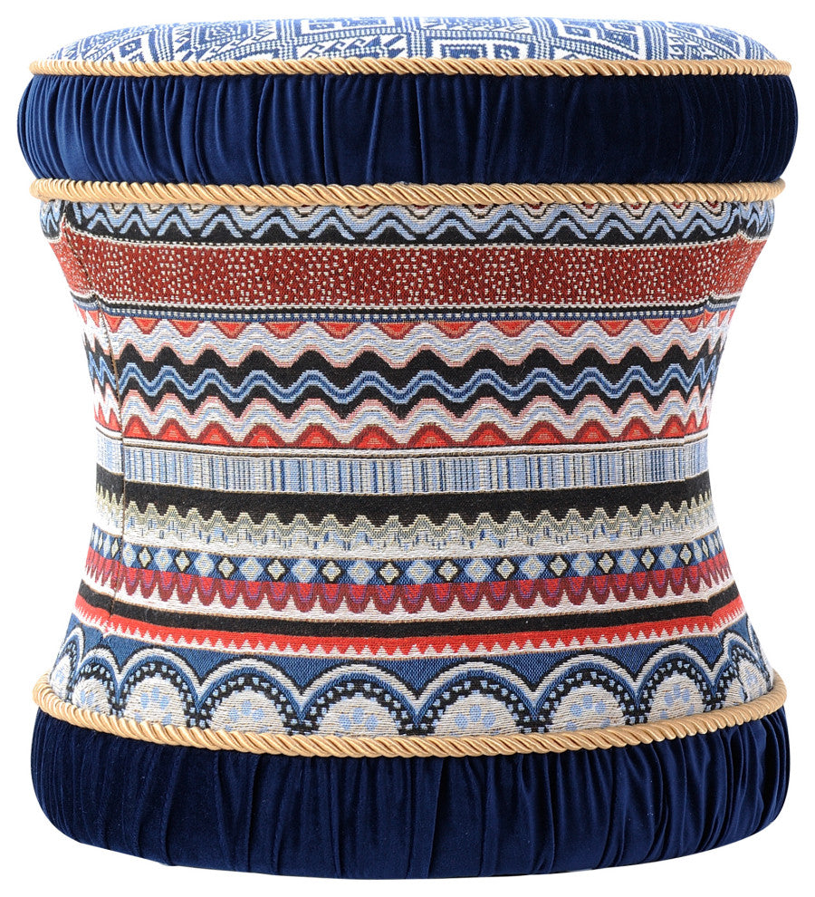Leona 18" Decorative Vanity Stool Ottoman, Blue Velvet Multicolored Pattern