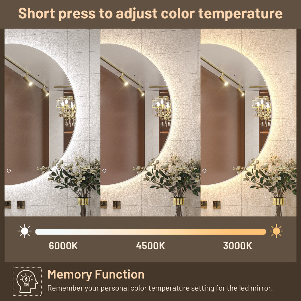 Round LED Vanity Mirror With Backlit, Anti-Fog & Dimmable LED, 36x36