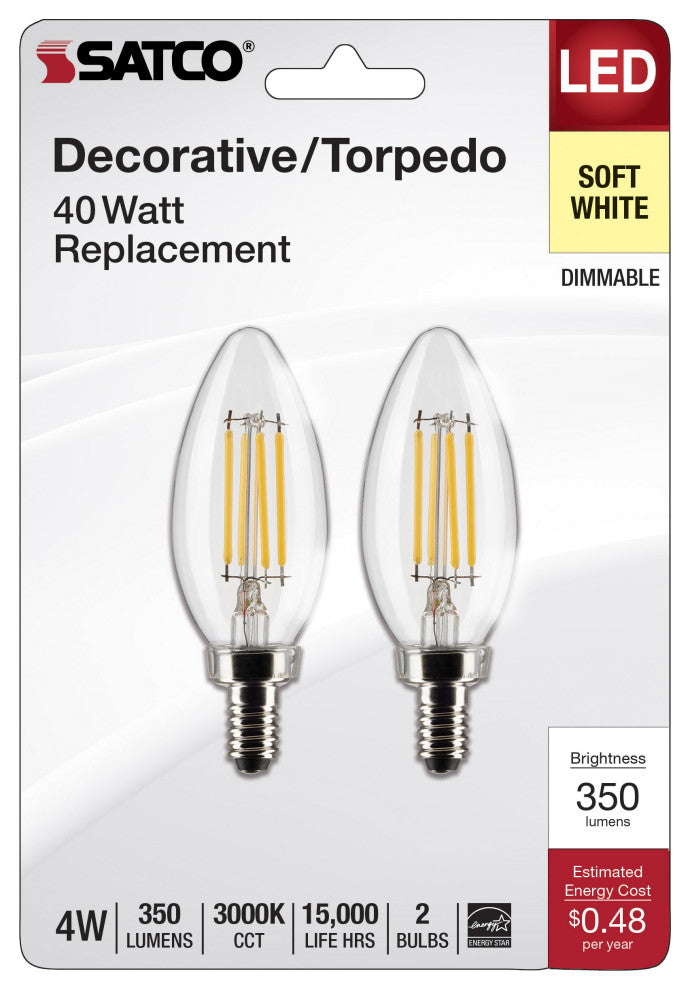 4W B11 LED, Clear, Candelabra Base, 3000K, 350 Lumens, 120V, 2-Pack