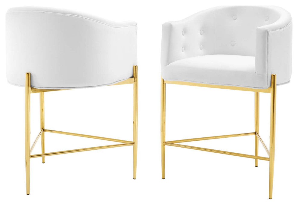 Tufted Counter Stool Chair, Set of 2, Velvet, Metal, White, Modern, Bar Pub