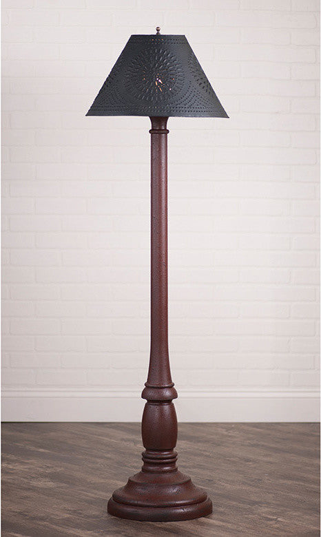 USA Handcrafted Wood Floor Lamp Textured Paint Finish, Red, Punched Tin Shade