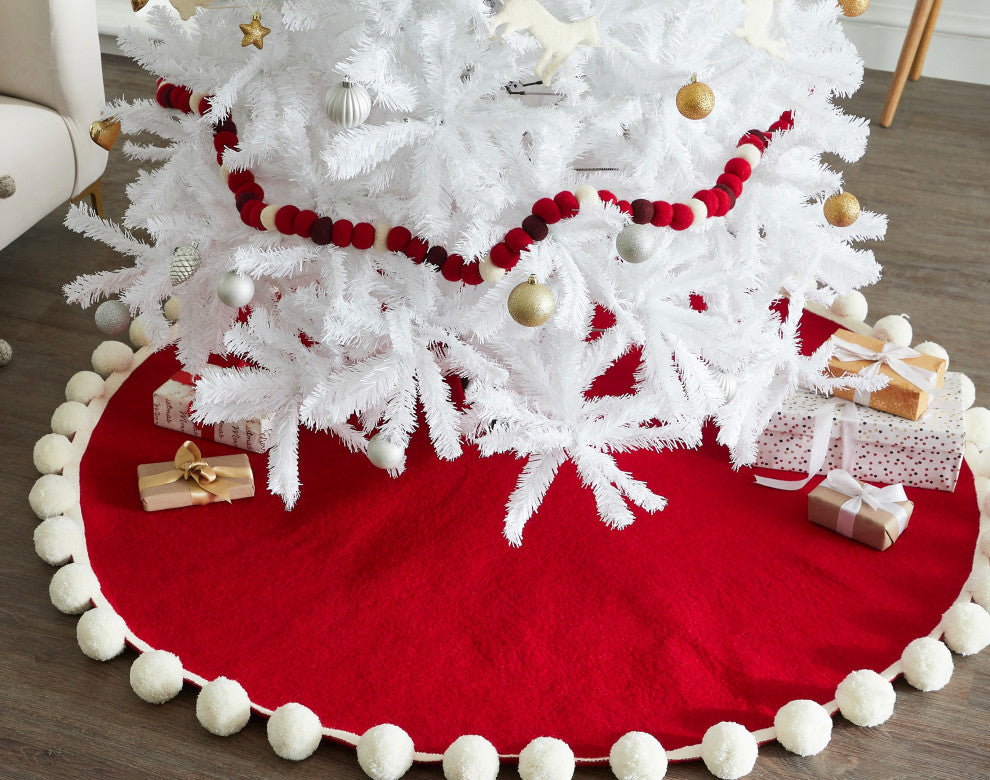Handmade Christmas Tree Skirt in Felt, Pom Poms on Red, 63"
